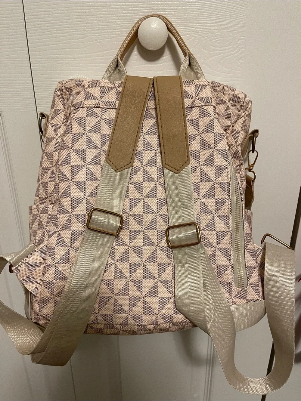 Geometric Pattern Convertible Crossbody Backpack in Beige and Tan